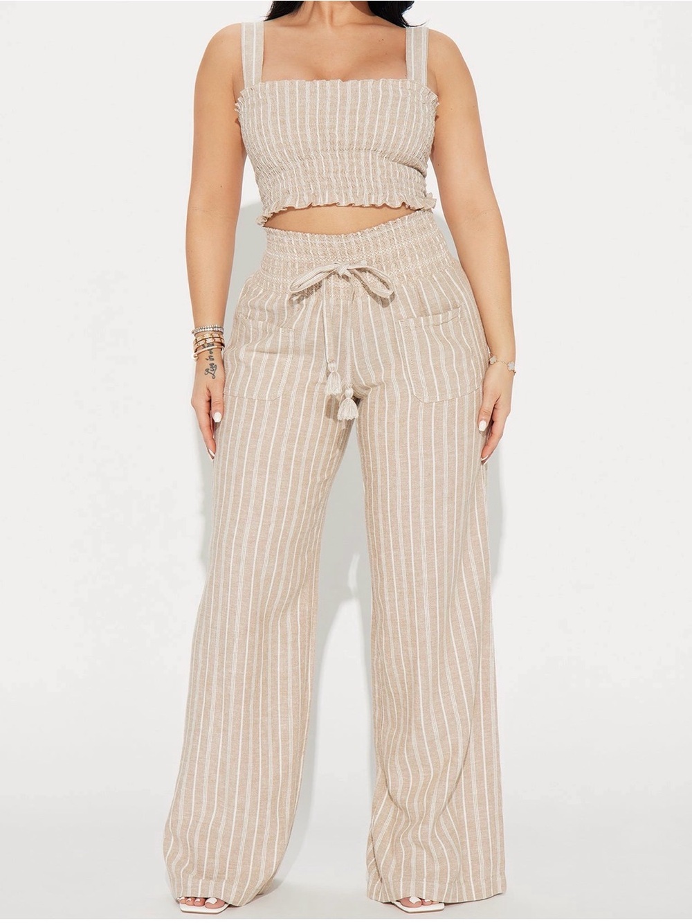 NWOT- Neutral Beige Striped Wide-Leg Two Piece set